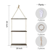 Load image into Gallery viewer, 3 Tiers Rustic Wood Jute Rope Wall Hanging Floating Shelf
