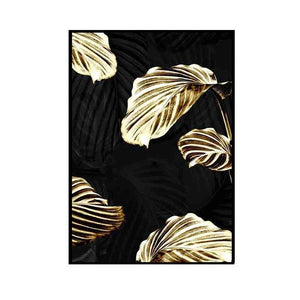 Golden Plant Leaf In Black Wall Art Prints (60x90cm)