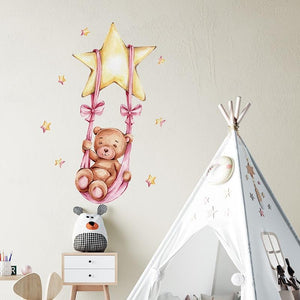 Cute Bears and Bunnies Swinging On The Star and Moon Wall Decals