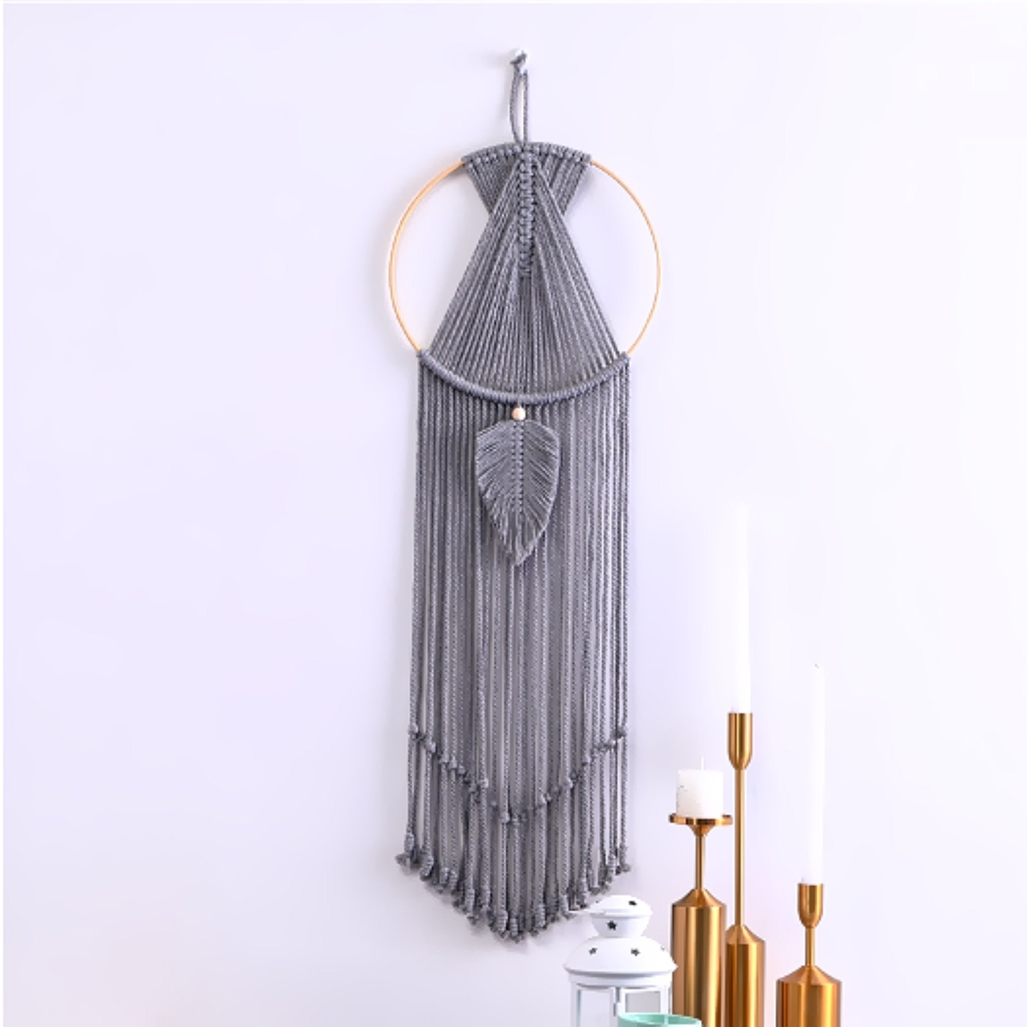 Grey Dream Catcher Wall Hanging Macrame with Tassels