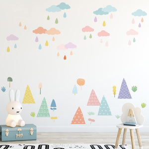 Colorful Cloud, Rain and Trees Wall Decals For Kids