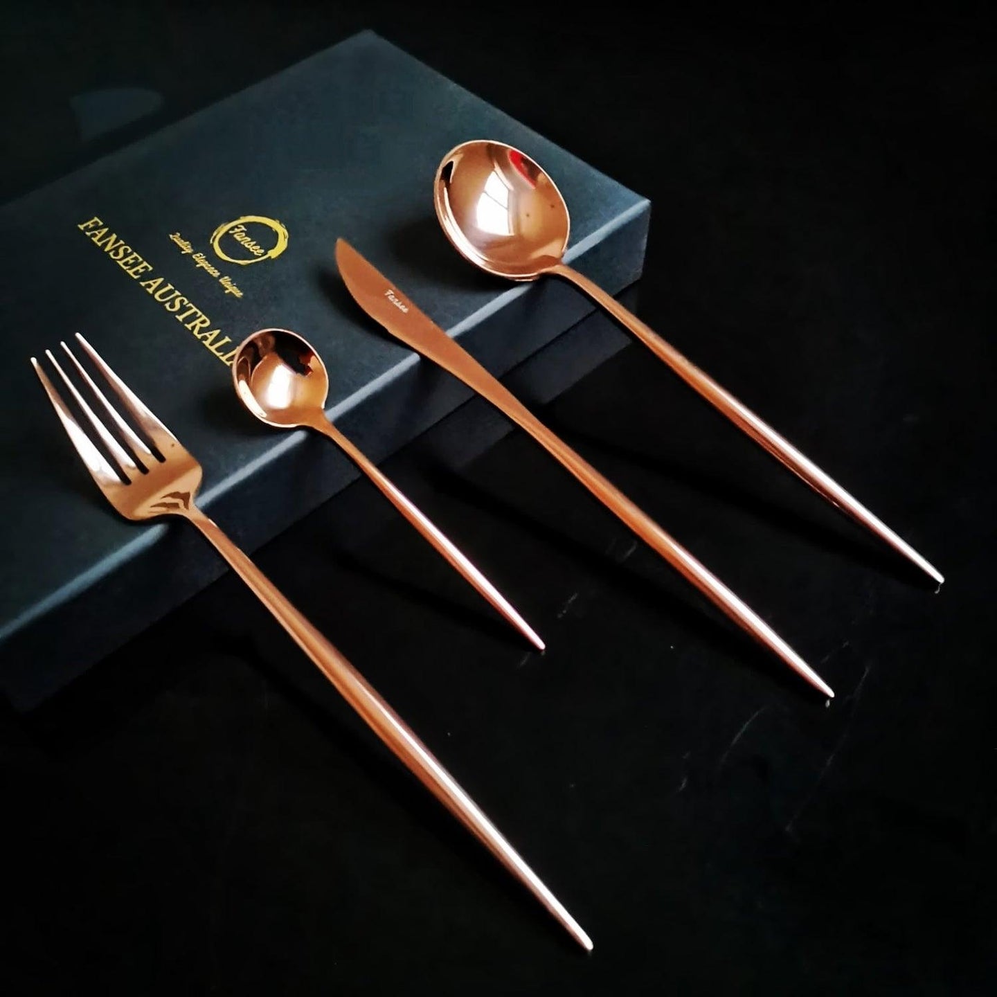 16 Pcs Mirror Finish Rose Gold Cutlery Set Gift Box - Decor Home