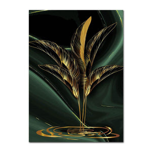 Black Abstract Gold Plant Leaves Wall Art Prints (60x90cm) - For Home Decor