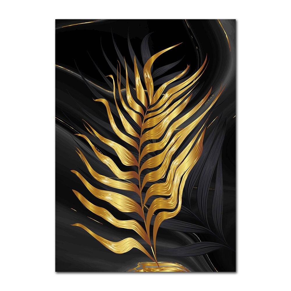 Abstract Black Golden Leafs Wall Art Prints (60x90cm) - Decor Home