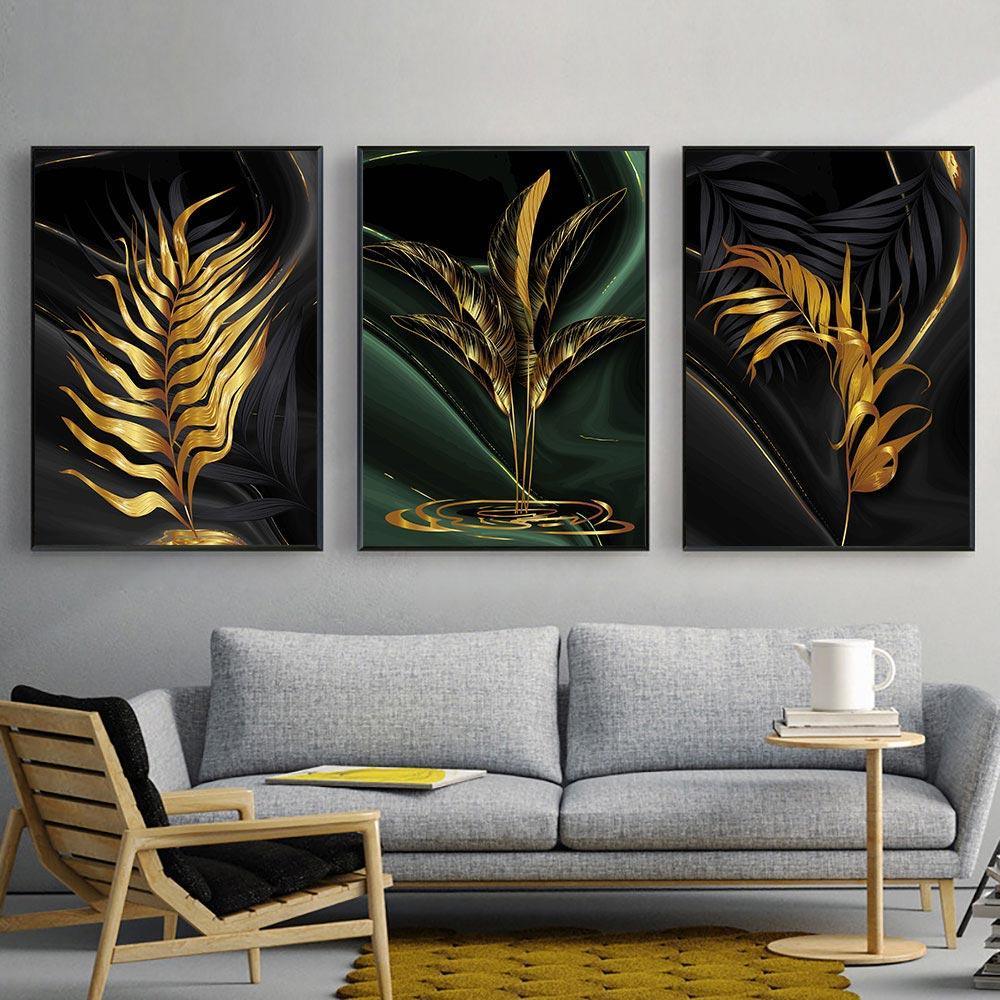 Abstract Black Golden Leafs Wall Art Prints (60x90cm) - Decor Home