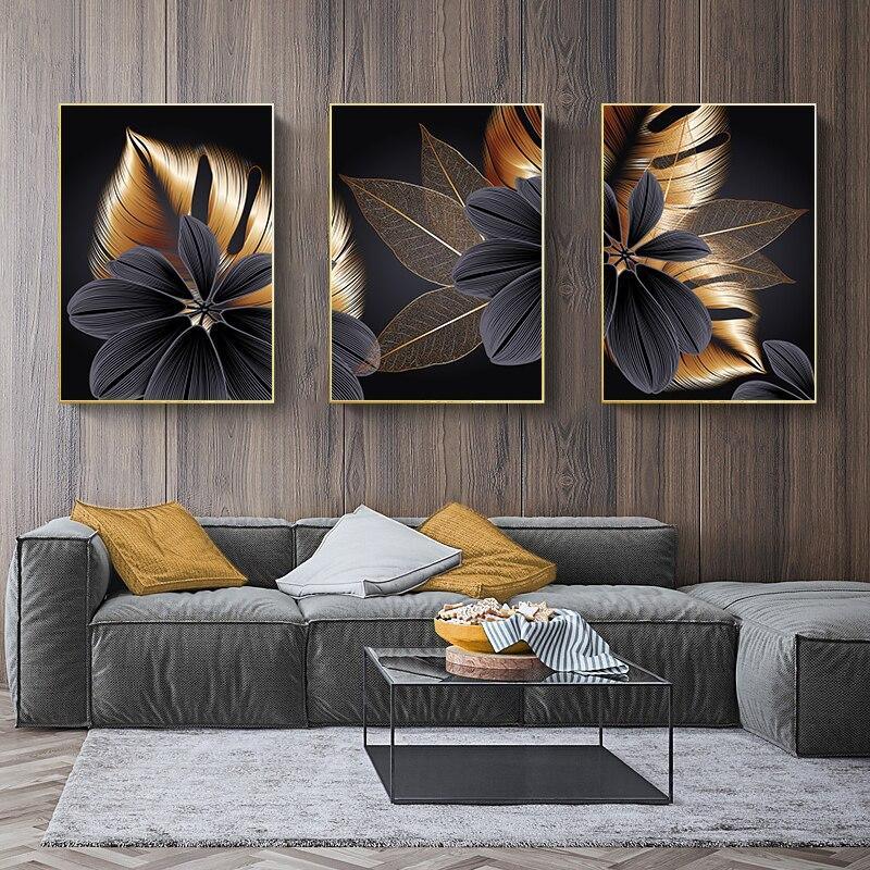Large Black and Gold Plant Leaf Canvas Prints (60x80cm) - Decor Home
