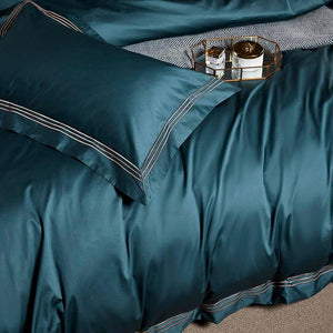 Embroidered Deep Green Blue Duvet Cover Set Premium Soft Egyptian Cotton Bedding set Queen/King size 4Pcs 1BedSheet 2Pillowcases - For Home Decor