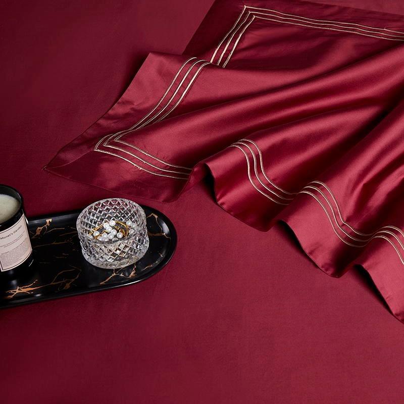 Premium Quality Soft Egyptian Cotton Embroidered Bedding Set - Dark Red - Decor Home