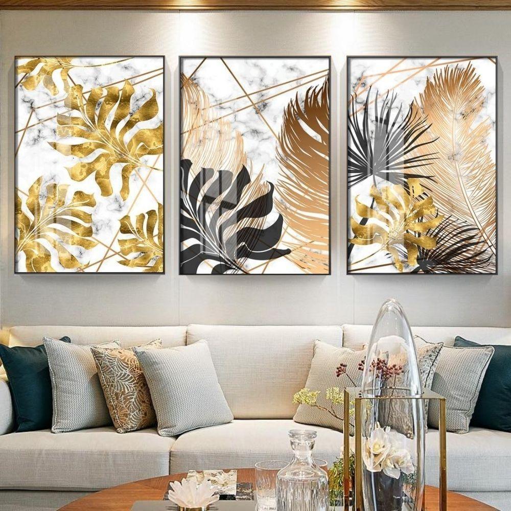 Golden Leaf Wall Art Canvas Prints - 3 Pcs Set (52x75cm) - Decor Home