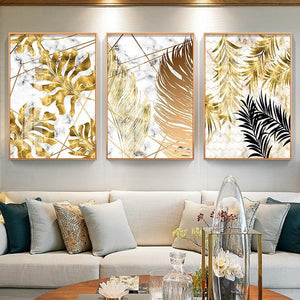 Golden Leaf Canvas Prints (3 Pcs Set - 60x80cm) - For Home Decor
