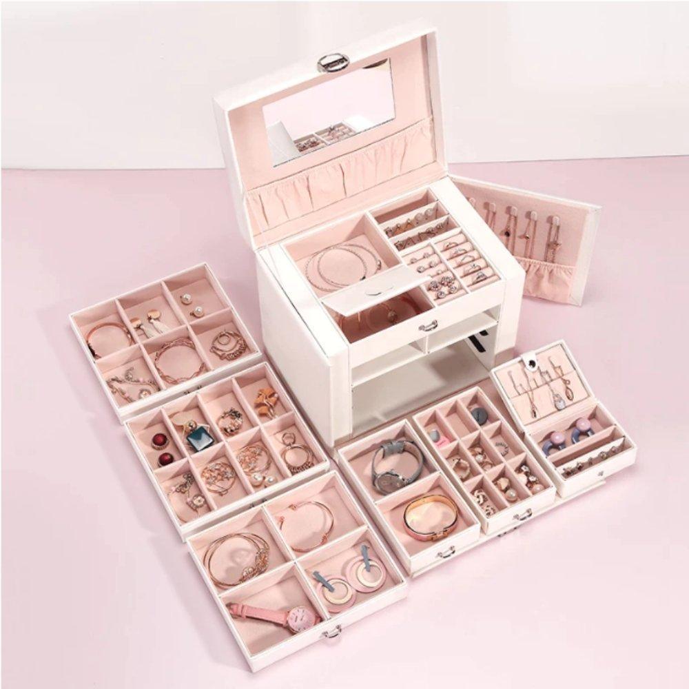 Large Capacity White Jewellery Box With Lock Key Mirror - Decor Home
