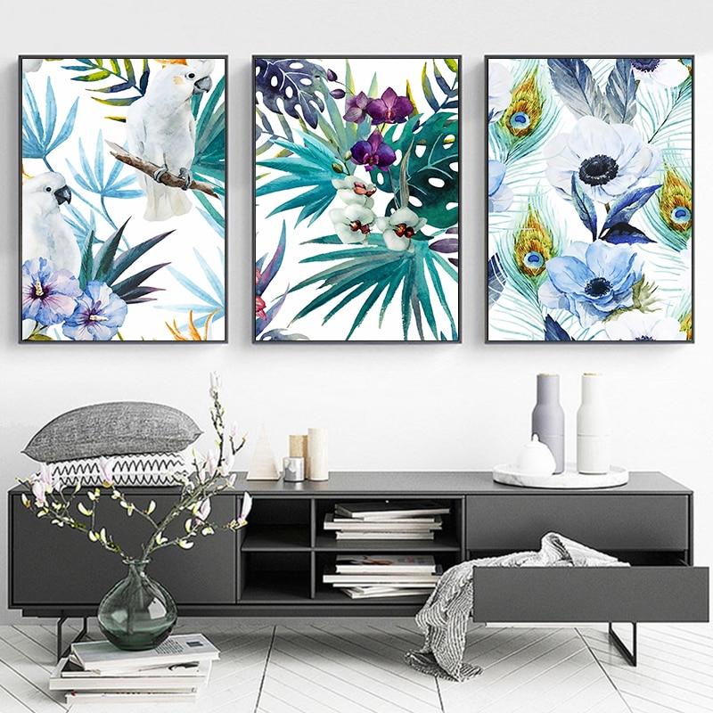 PARROTS, LEAVES & FLOWERS in Watercolour Canvas Prints - SET OF 3 - For Home Decor
