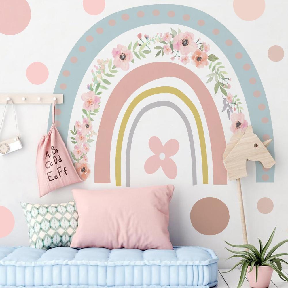 Trendy Nordic Pink Rainbow Flower Wall Sticker For Nursery Kindergarten Baby Room Decoration Decor Removable Transparent Murals - Fansee Australia